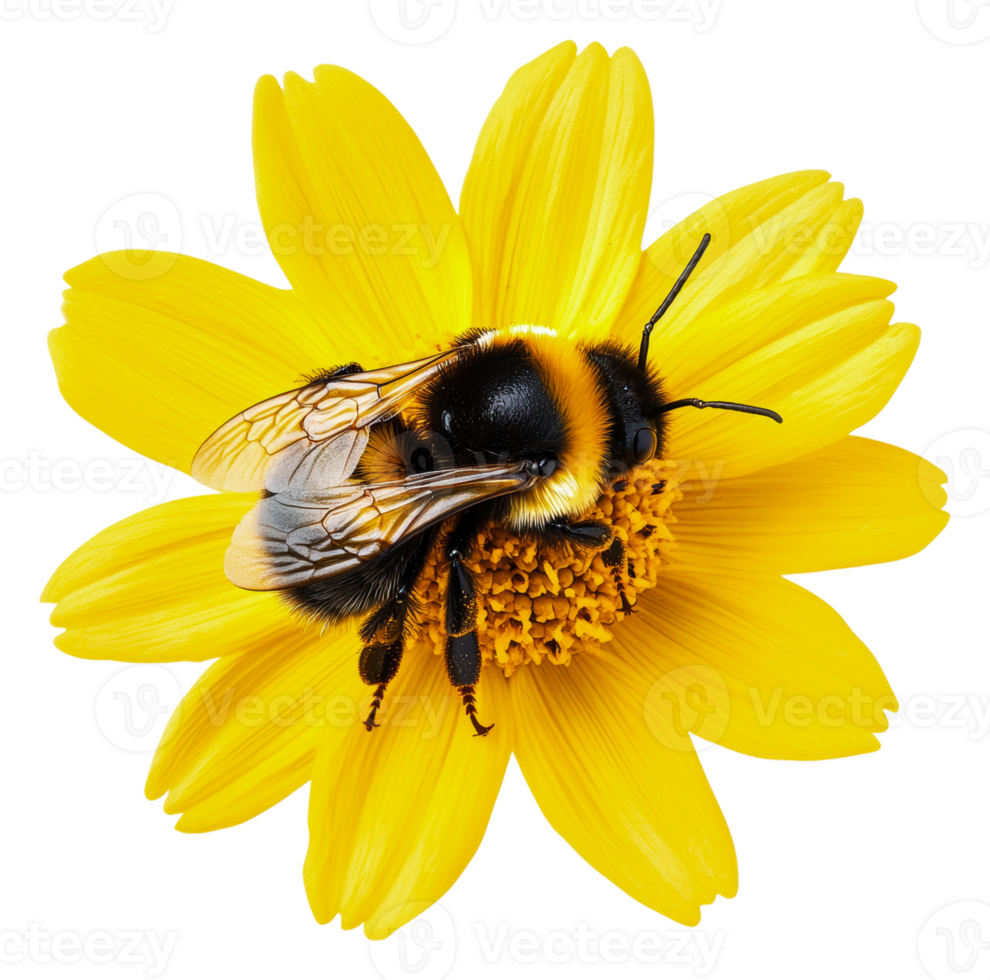 Bumblebee collecting nectar from a yellow flower, cut out - stock . png