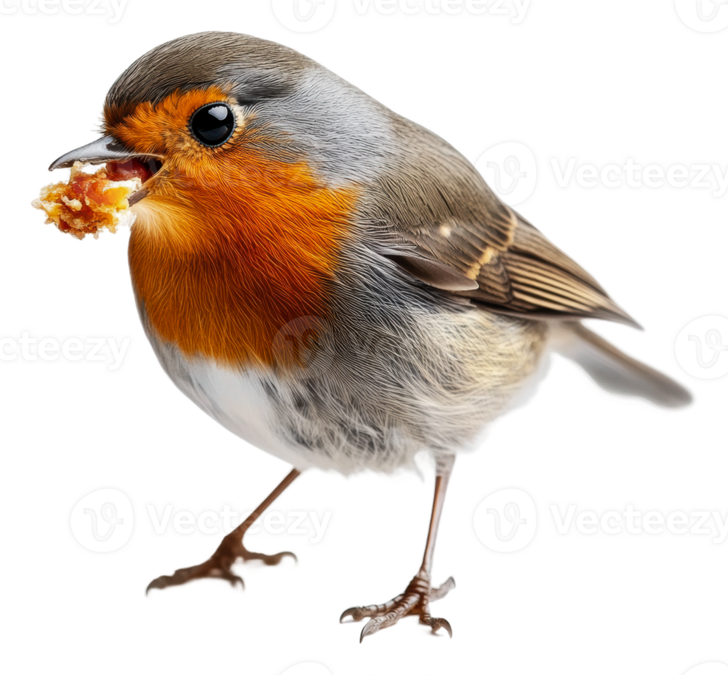 A robin perched while holding food in its beak, cut out - stock . png