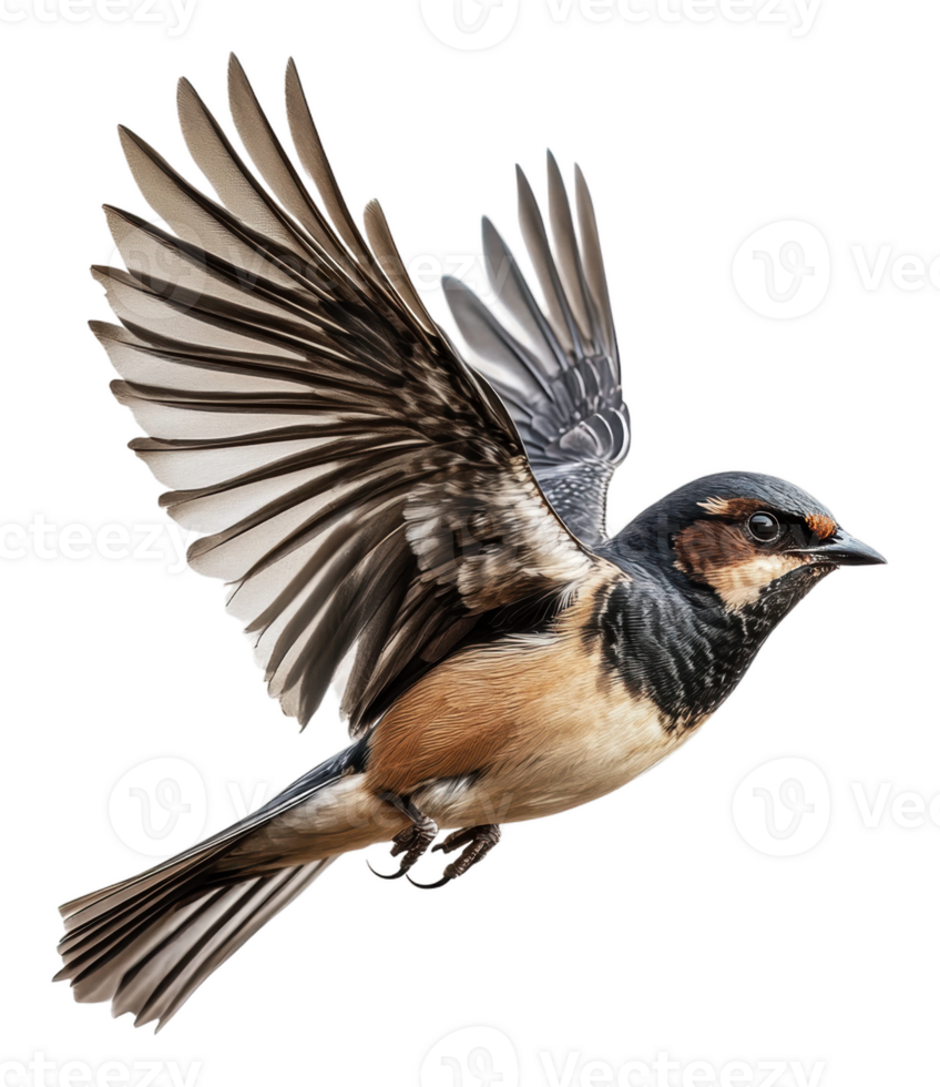 A solitary bird in flight against a white backdrop, cut out - stock . png