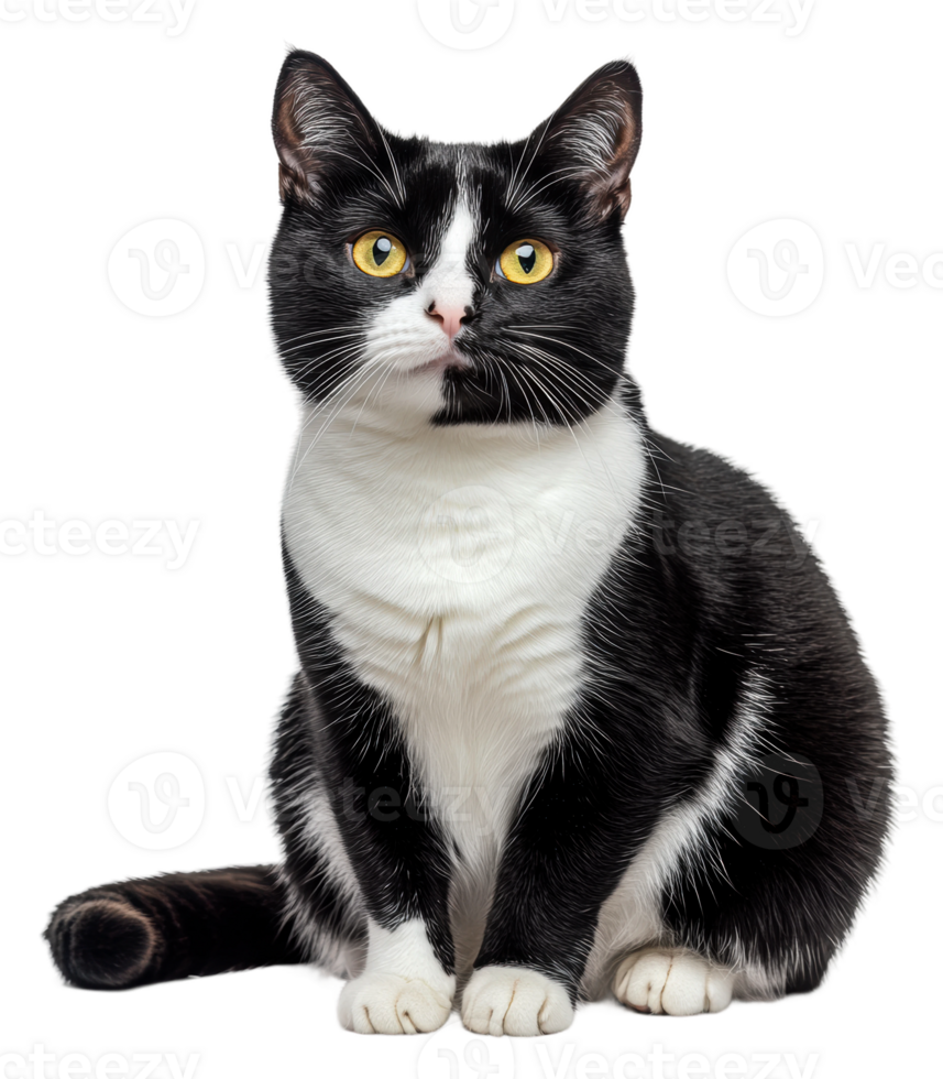 Cute black and white cat sitting calmly indoors, cut out - stock . png
