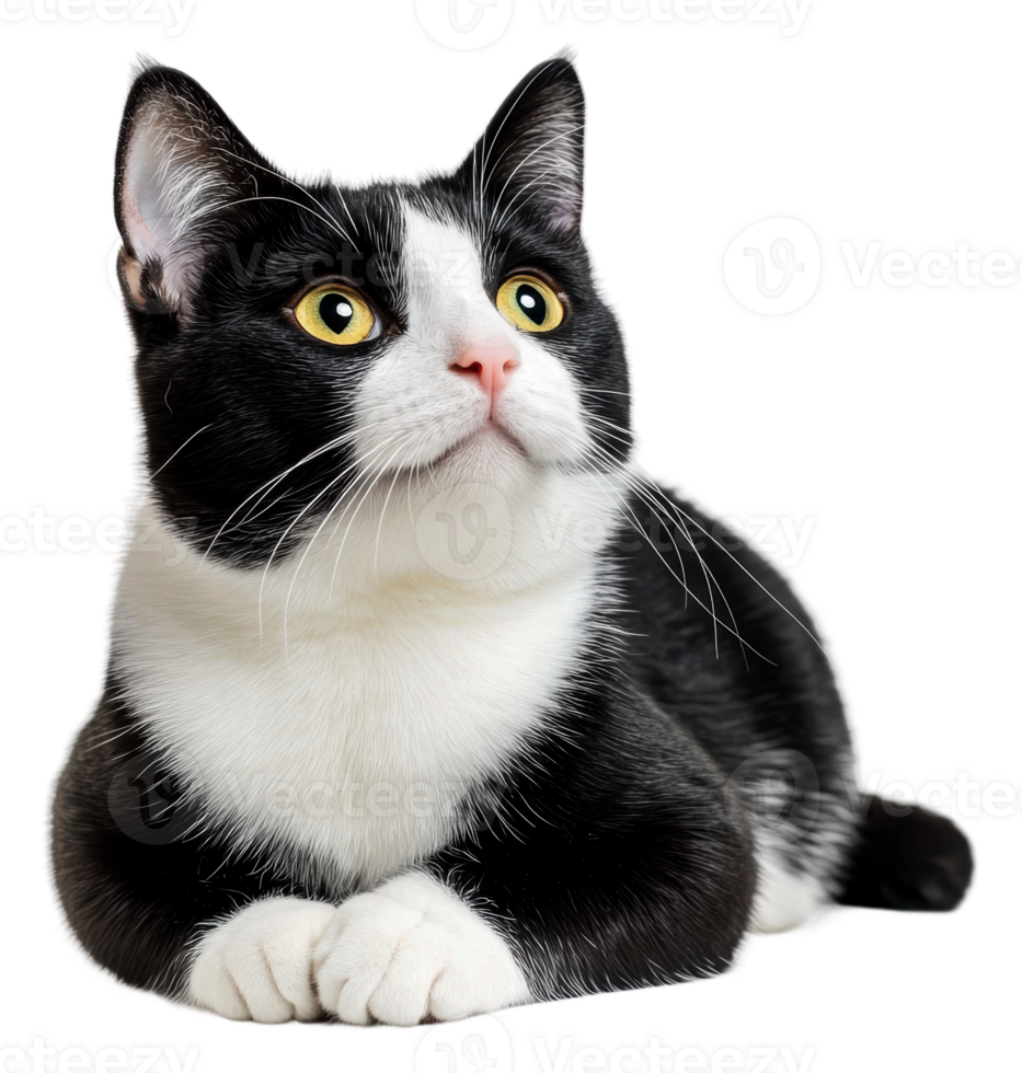 Curious black and white cat looking up indoors, cut out - stock . png