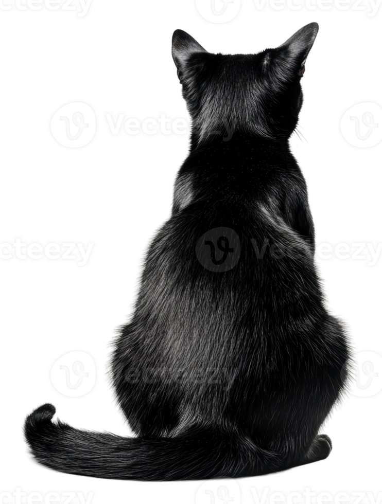 Black cat sitting quietly, facing away from viewer, cut out - stock . png