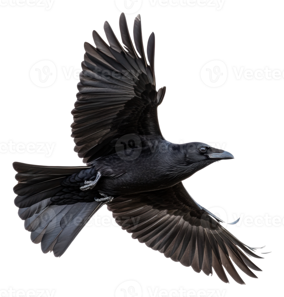 Black raven soaring through clear blue skies, cut out - stock . png