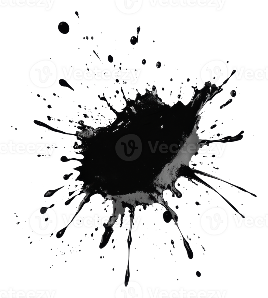 Black paint splatter on a white background in art, cut out - stock . png