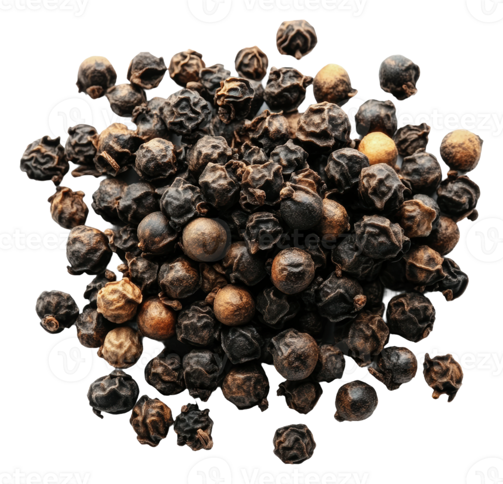 Black pepper seeds scattered on white background, cut out - stock . png