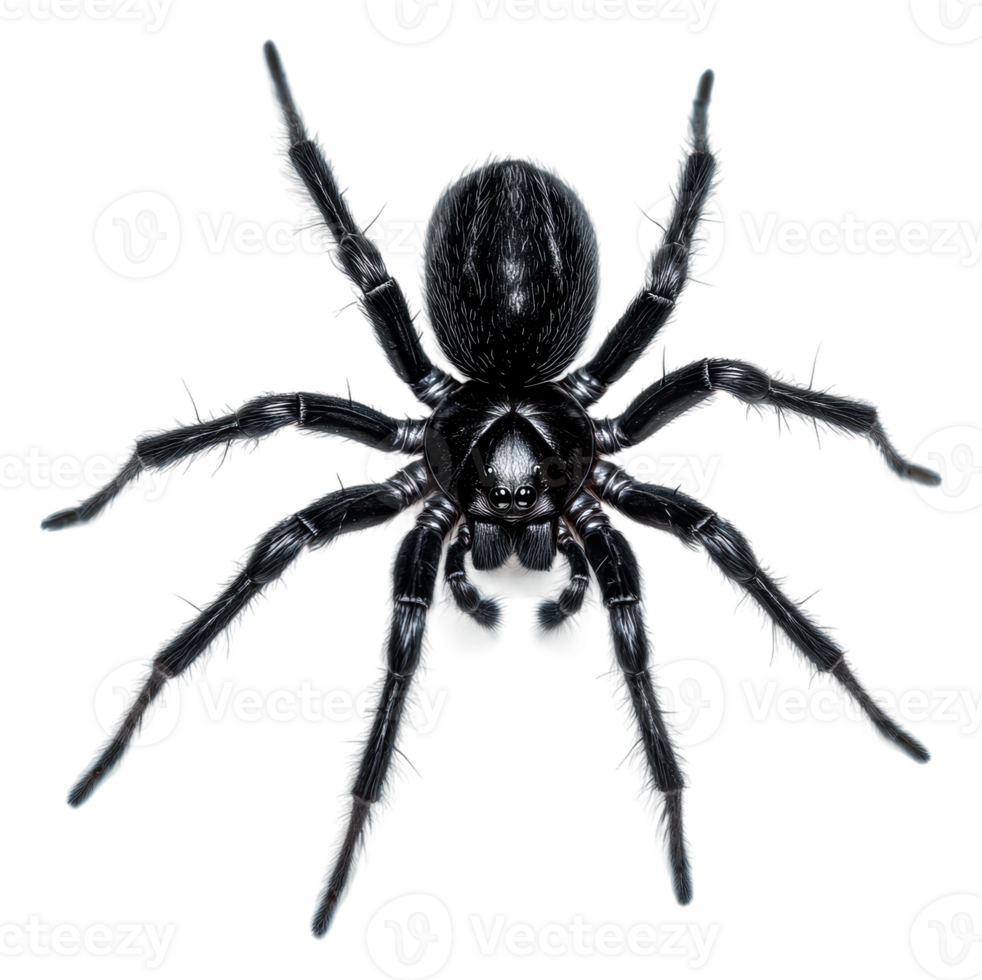 Black spider resting on a white surface, cut out - stock . png