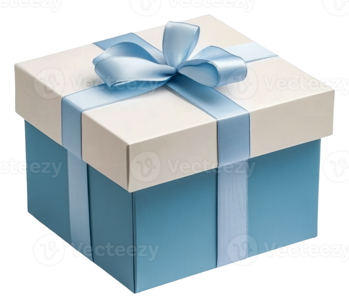 Gift box wrapped in light blue ribbon and bow, cut out - stock . png