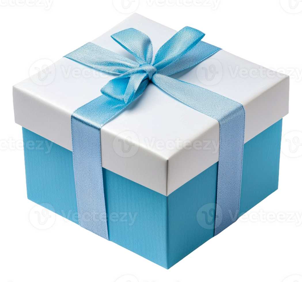 Blue gift box with ribbon on a white background, cut out - stock . png