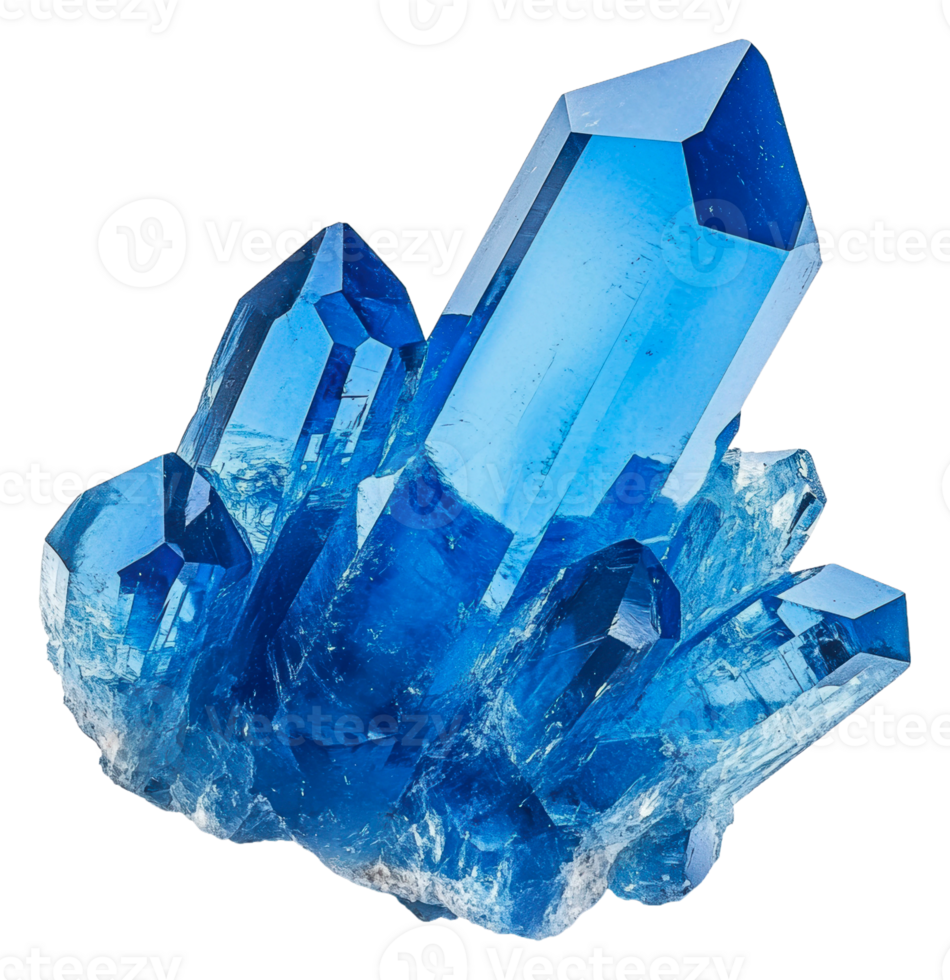 Blue crystal cluster on white surface, cut out - stock . png