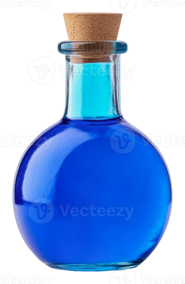 Blue liquid in glass bottle on clear surface, cut out - stock . png