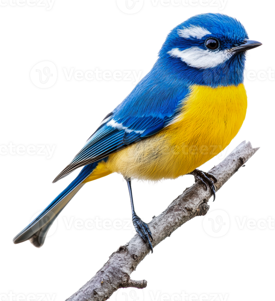 Vibrant blue and yellow bird perched on a branch, cut out - stock . png