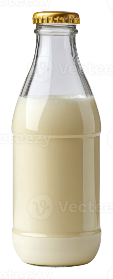 Glass bottle filled with fresh milk on a table, cut out - stock . png