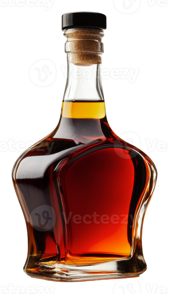 Curved bottle of amber liquid on display, cut out - stock . png
