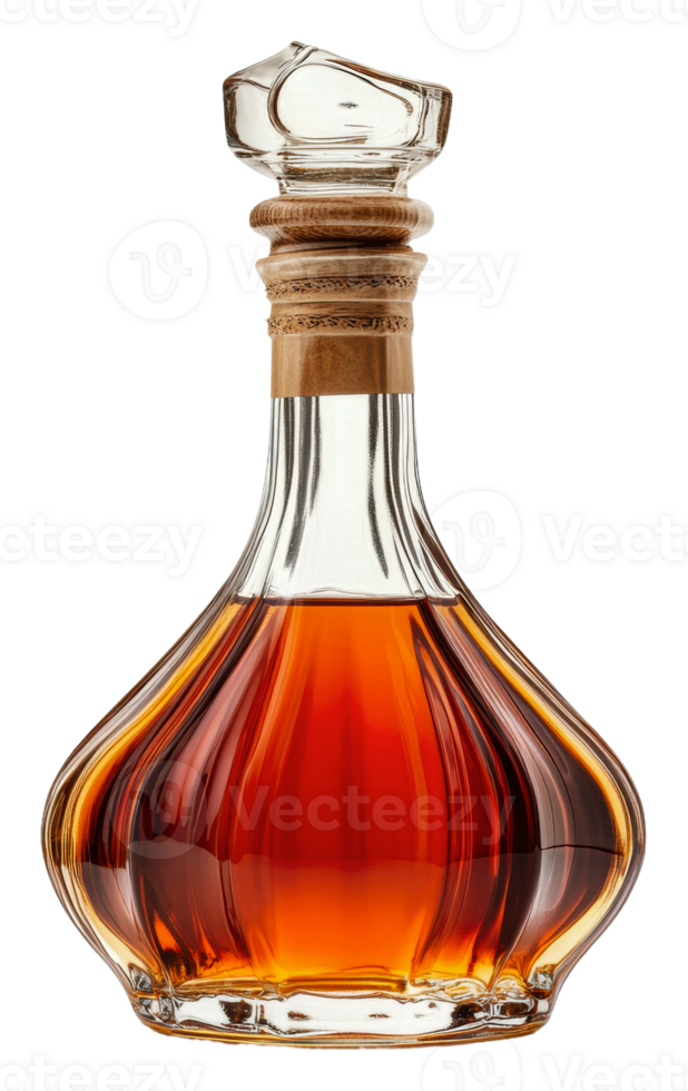 Elegant glass decanter filled with amber liquid, cut out - stock . png