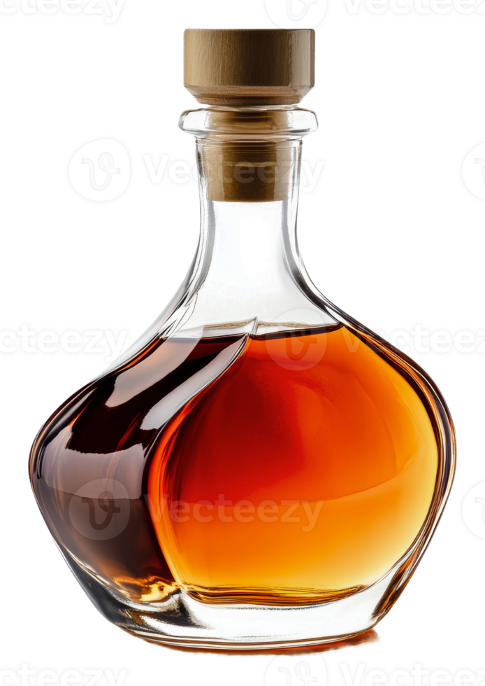 Amber liquid in elegant glass decanter, cut out - stock . png