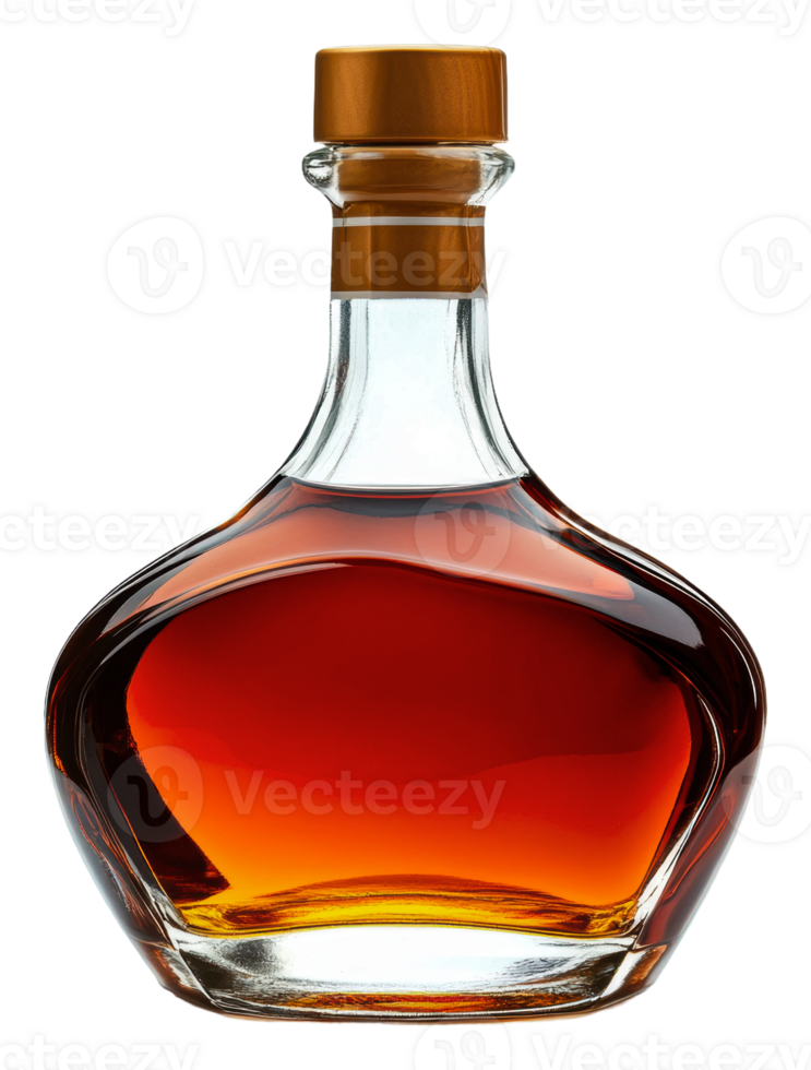 Elegant glass decanter filled with amber liquor, cut out - stock . png