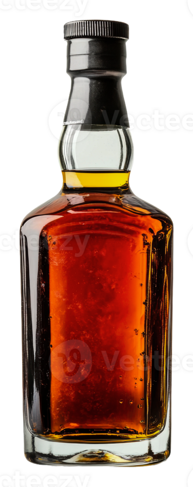 A classic whiskey bottle with amber liquid inside, cut out - stock . png