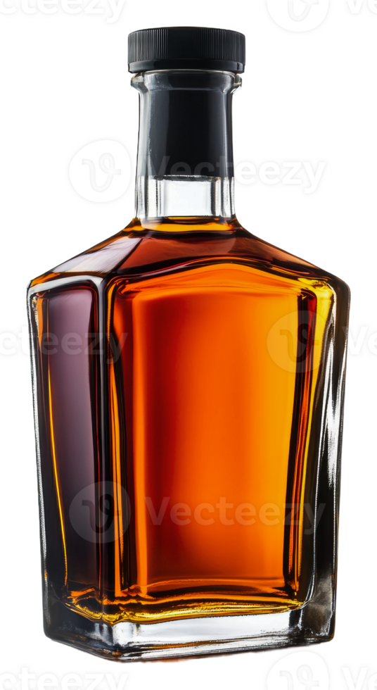 Elegant glass bottle filled with amber liquor, cut out - stock . png