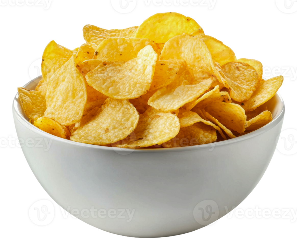 Crispy golden potato chips in a white bowl, cut out - stock . png