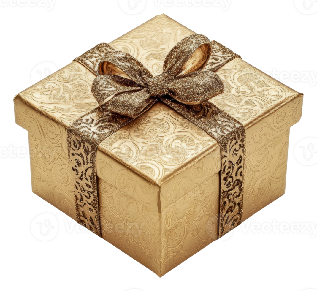 Elegant golden gift box with decorative ribbon, cut out - stock . png