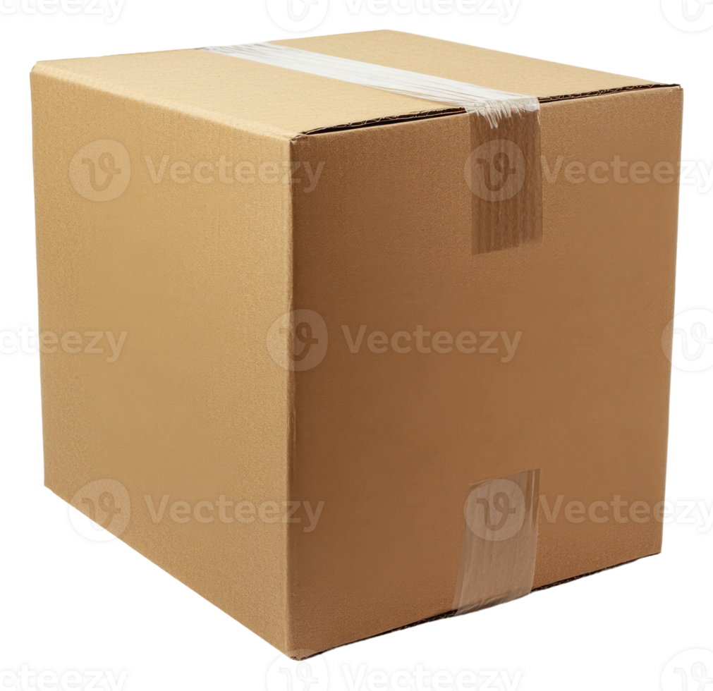 Plain cardboard box sealed with tape for shipping, cut out - stock . png