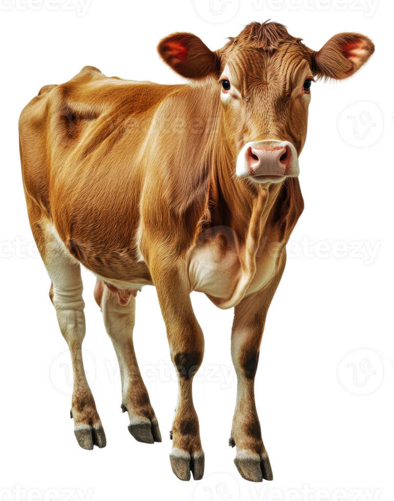 Brown cow standing on white background in studio, cut out - stock . png