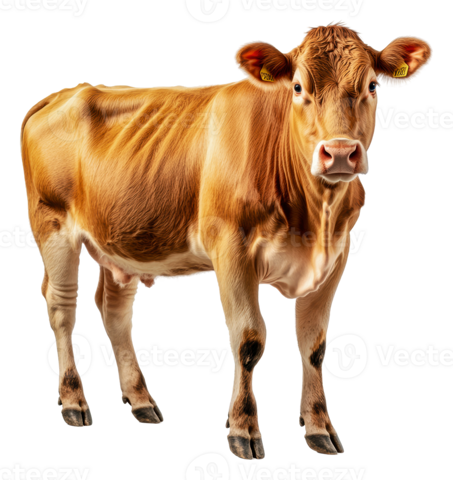 Brown dairy cow standing in a bright studio, cut out - stock . png
