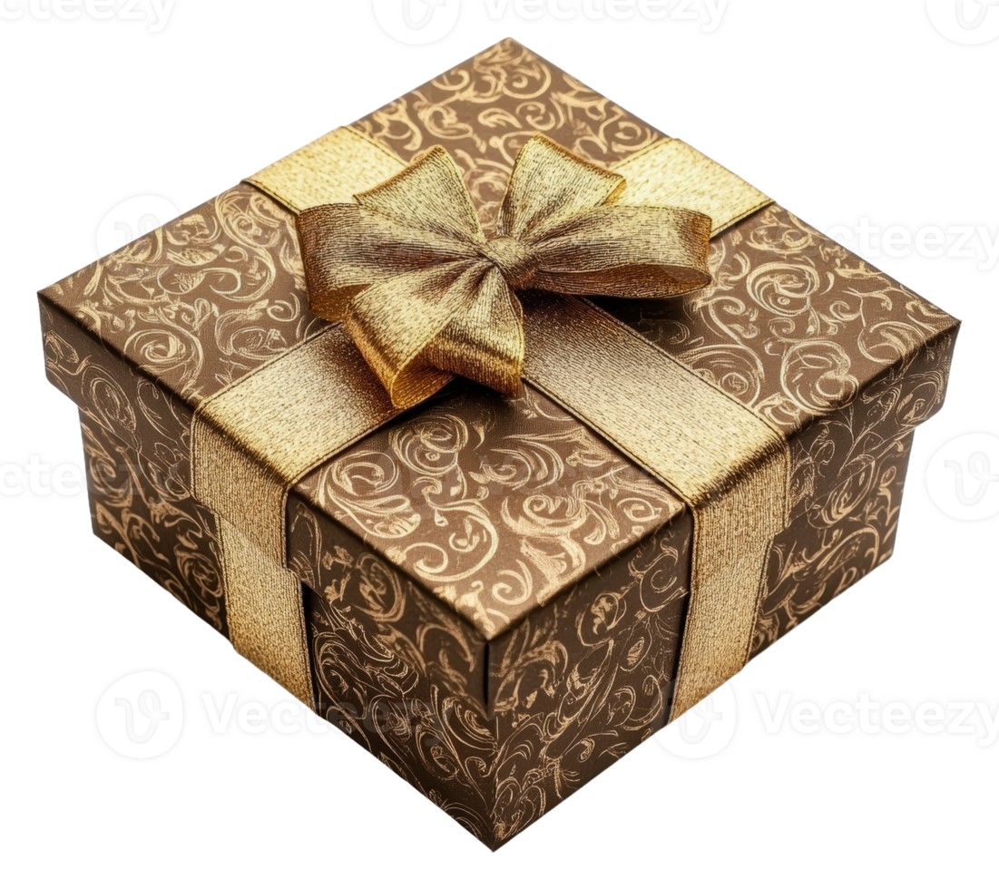 Elegant gold ribbon-wrapped gift box on display, cut out - stock . png