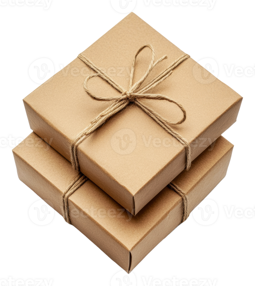 Two neatly wrapped packages with twine on display, cut out - stock . png