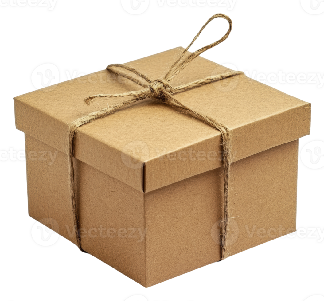 Brown gift box with twine on white, cut out - stock . png