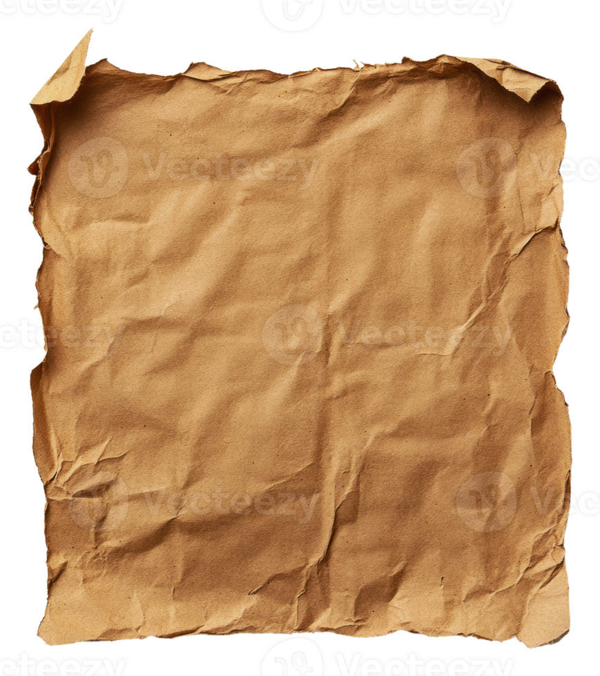 Crumpled brown paper sheet on a flat surface, cut out - stock . png