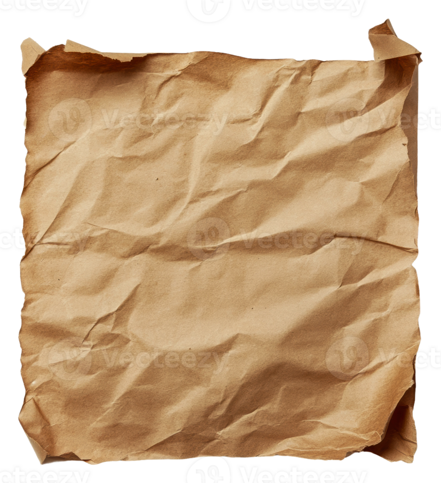Crumpled brown paper sheet on a white background, cut out - stock . png