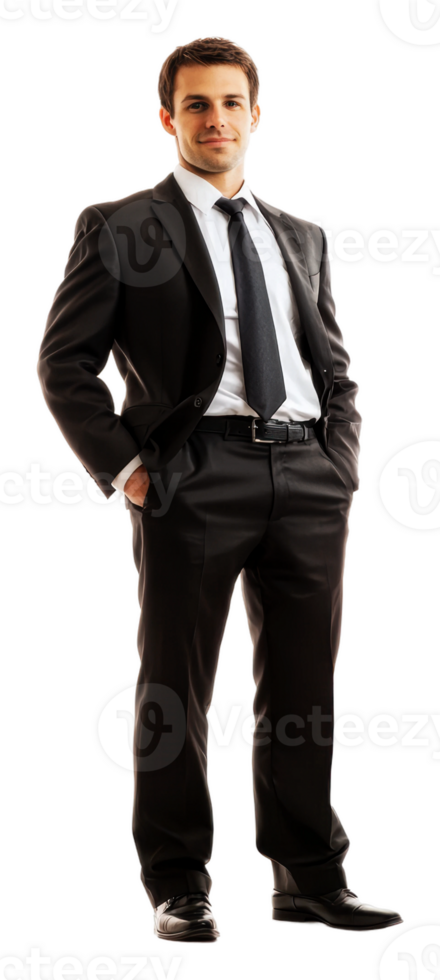 A man in a suit and tie standing with his hands in his pockets png