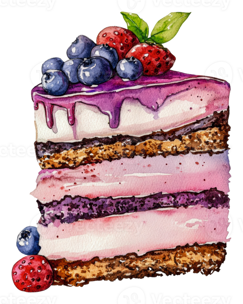 Delicious berry cake slice with cream and toppings, cut out - stock . png