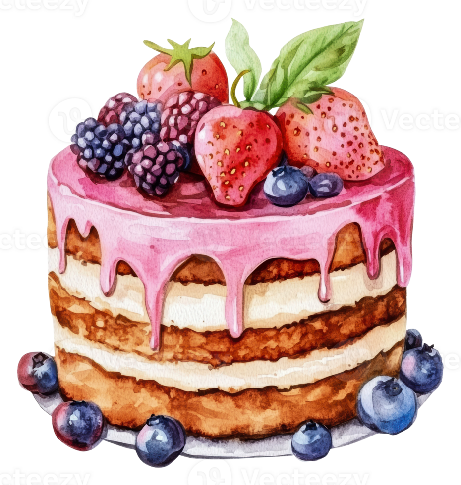 Layered berry cake with frosting, cut out - stock . png