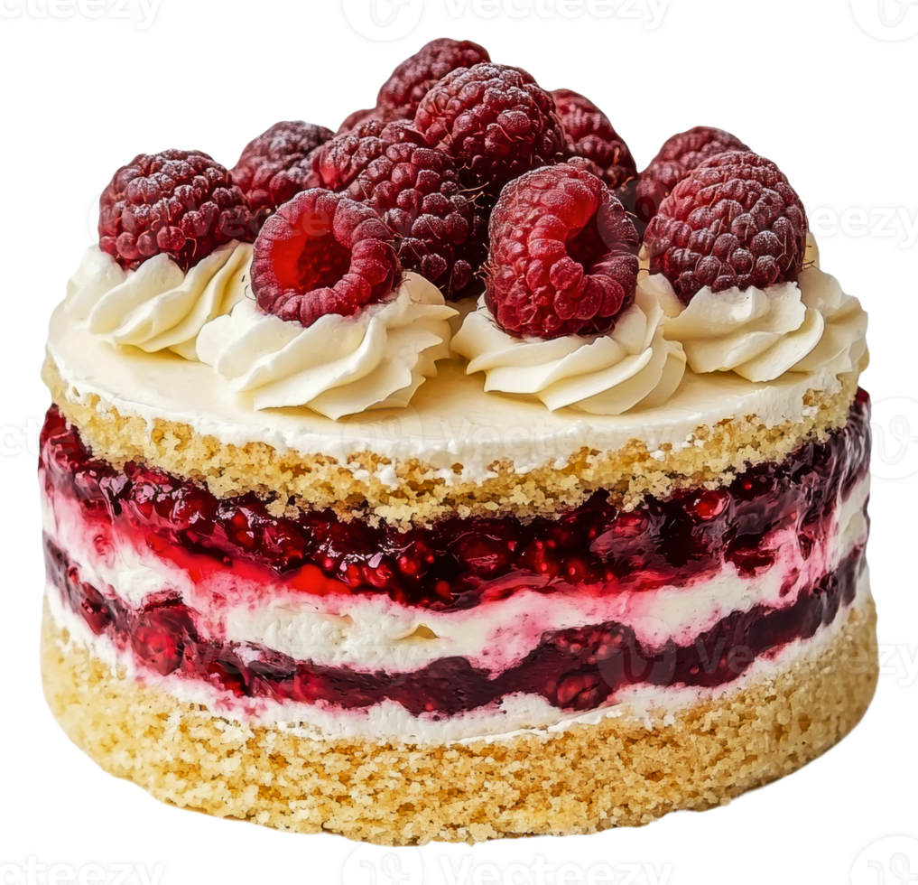 Delicious raspberry cream cake with fresh toppings, cut out - stock . png