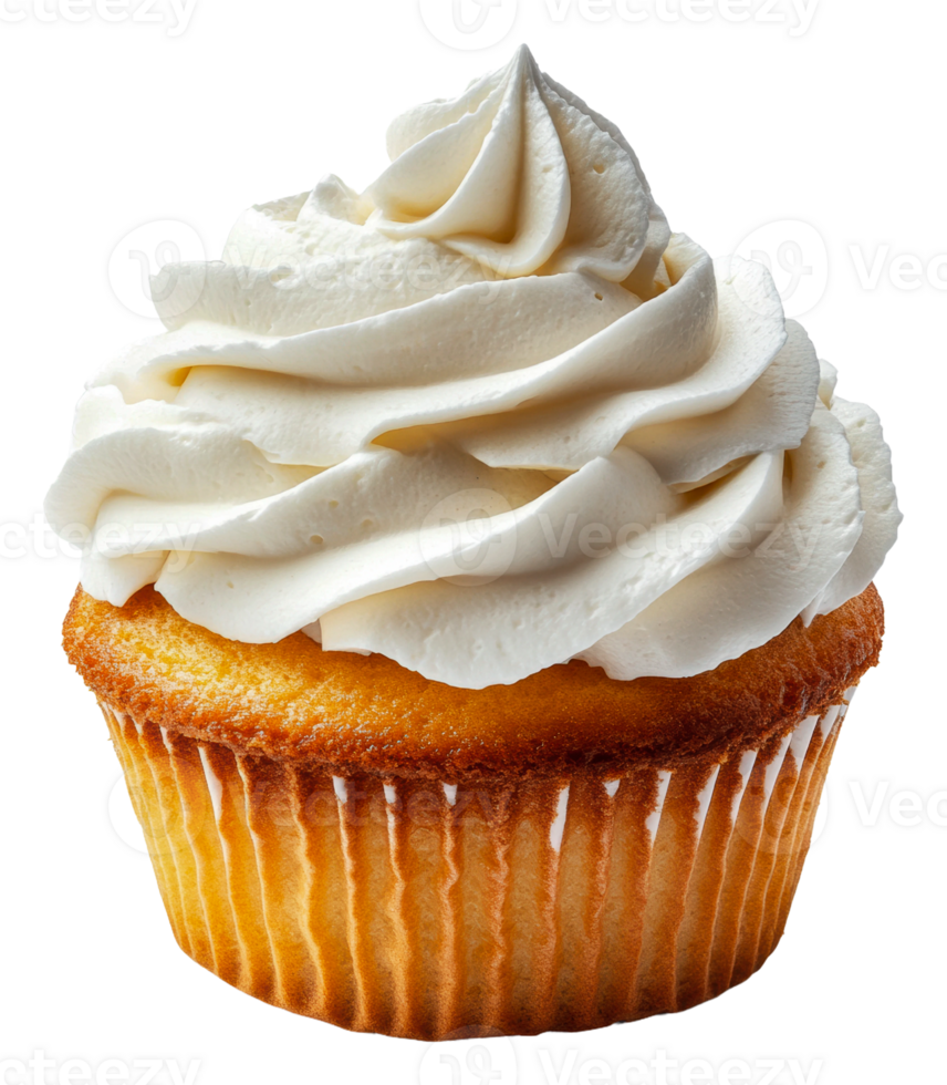 Freshly baked vanilla cupcake with creamy frosting, cut out - stock . png