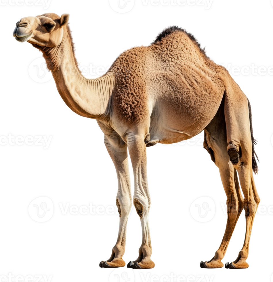 A dromedary camel standing in the desert sun, cut out - stock . png