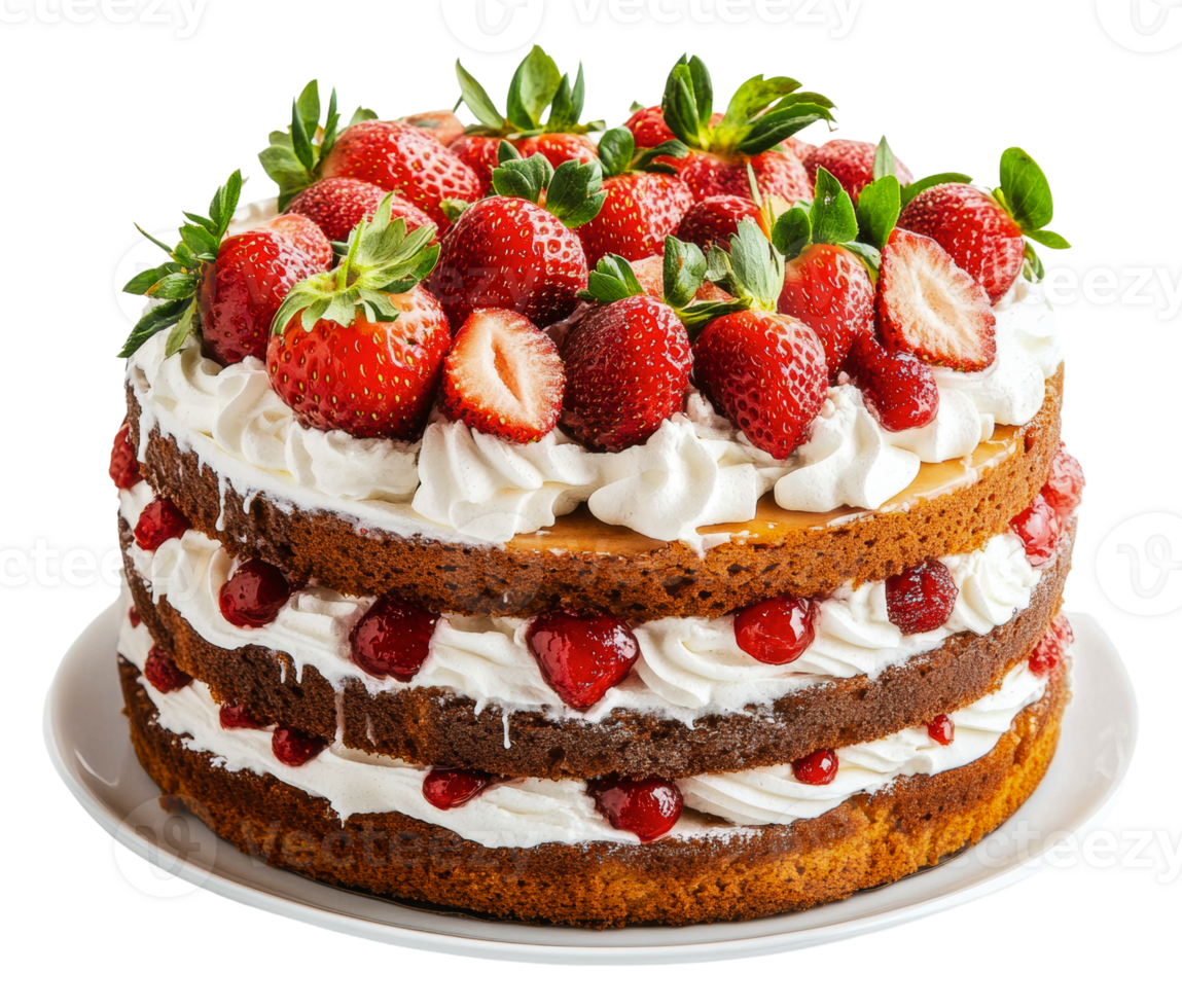 Delicious layered cake with strawberries and cream, cut out - stock . png