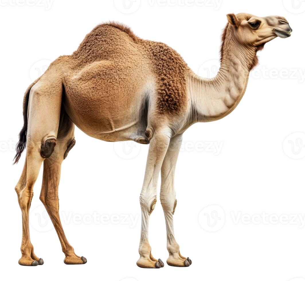 Unique camel standing in profile near desert dunes, cut out - stock . png