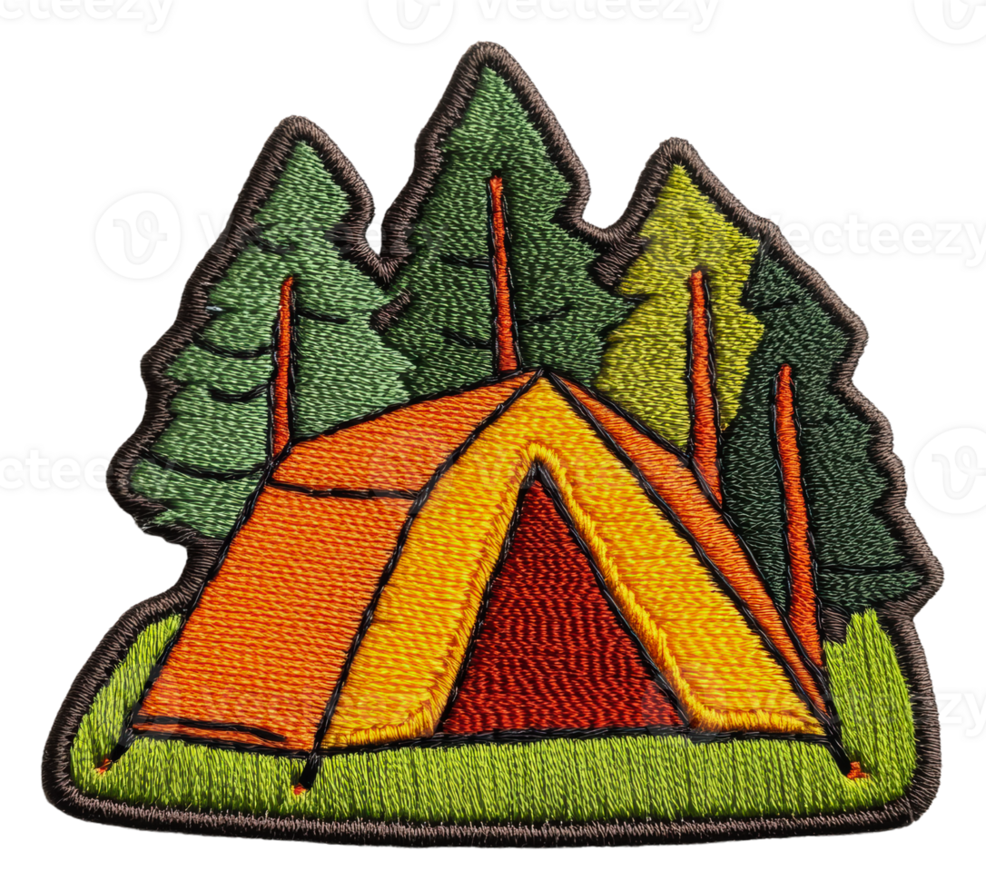 Vibrant camping patch featuring a tent and trees, cut out - stock . png