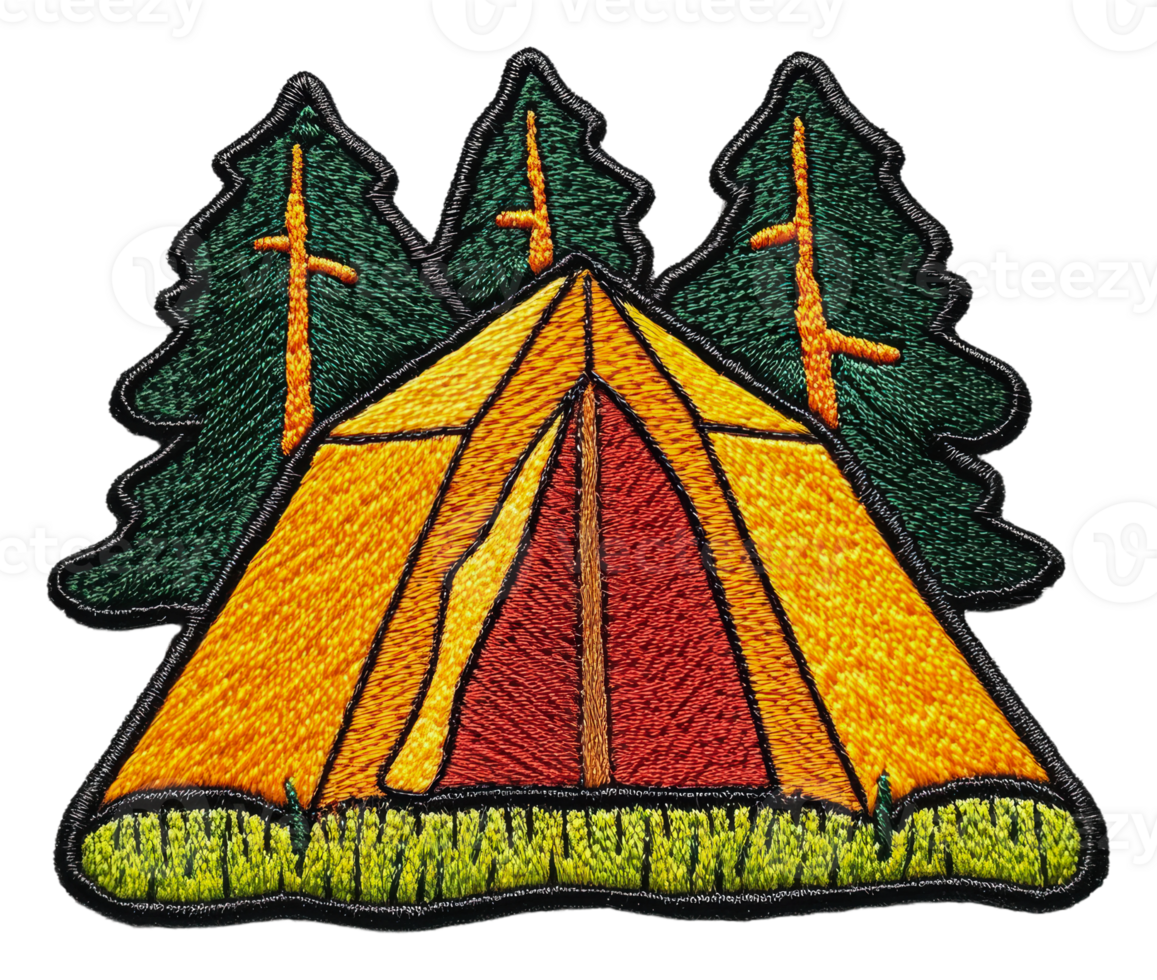 Colorful patch with tent and trees, cut out - stock . png