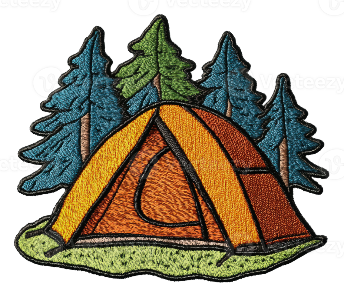 Colorful camping tent set up in a forest clearing, cut out - stock . png