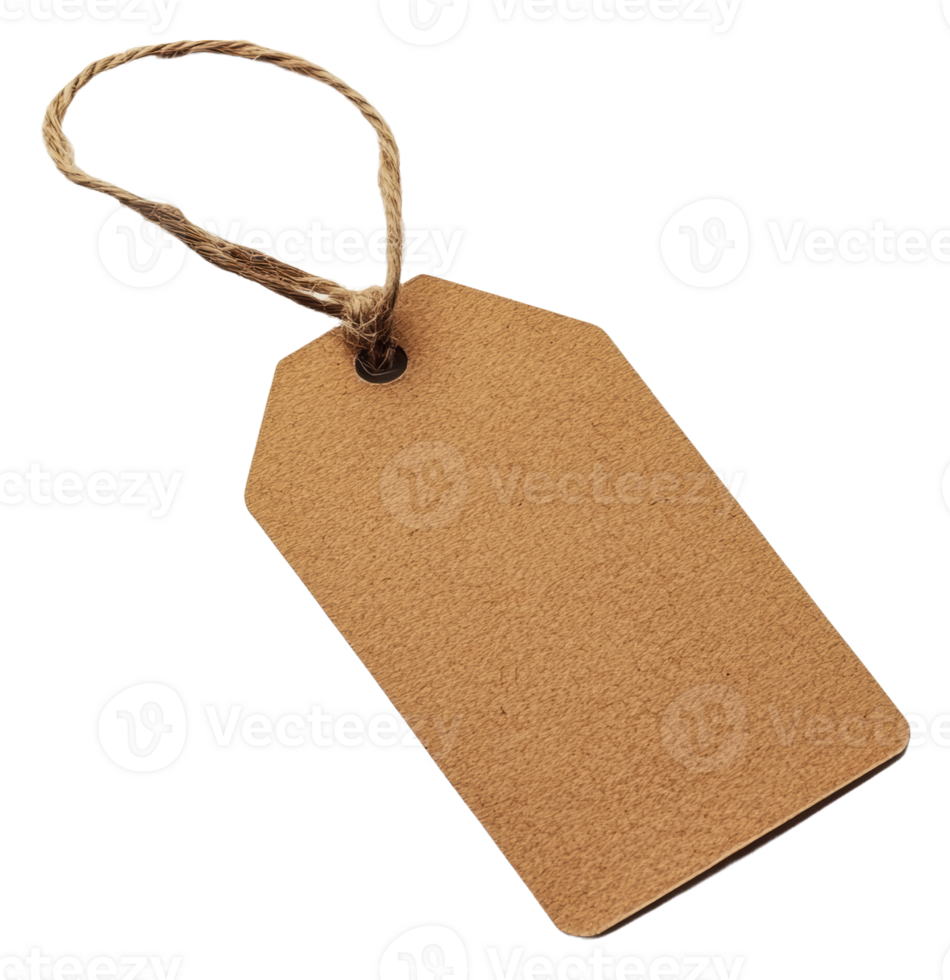 Brown kraft tag hanging on twine in bright light, cut out - stock . png