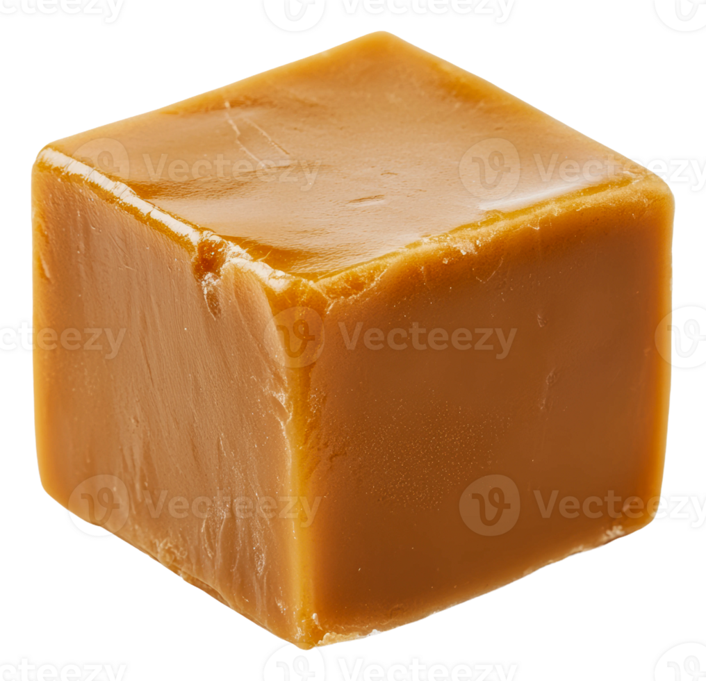 Square piece of caramel on a white background, cut out - stock . png
