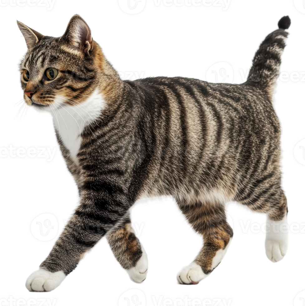 Striped tabby cat walking indoors in natural light, cut out - stock . png