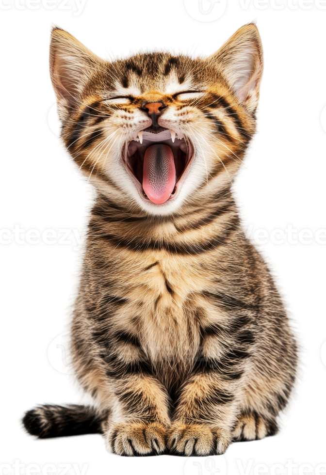 Yawning tabby kitten on white backdrop, cut out - stock . png
