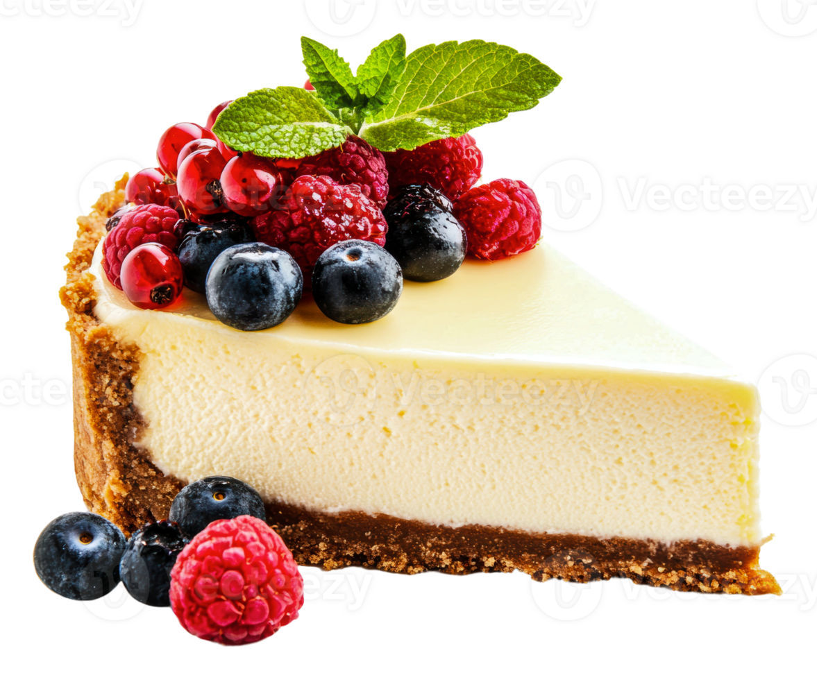 Creamy cheesecake with berries and mint, cut out - stock . png