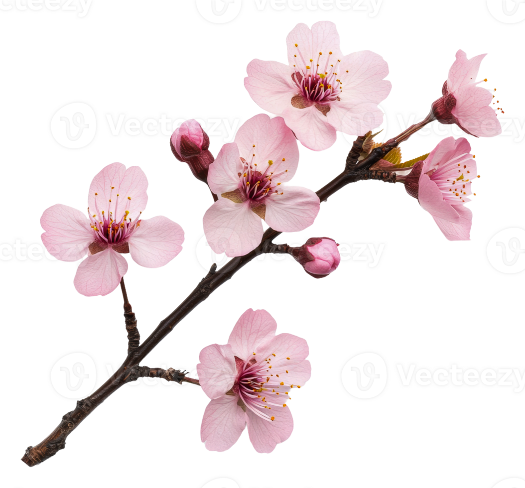 Cherry blossom branch with delicate pink flowers, cut out - stock . png