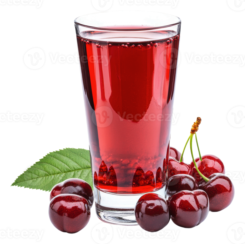 Fresh cherry juice in a glass with ripe cherries, cut out - stock . png